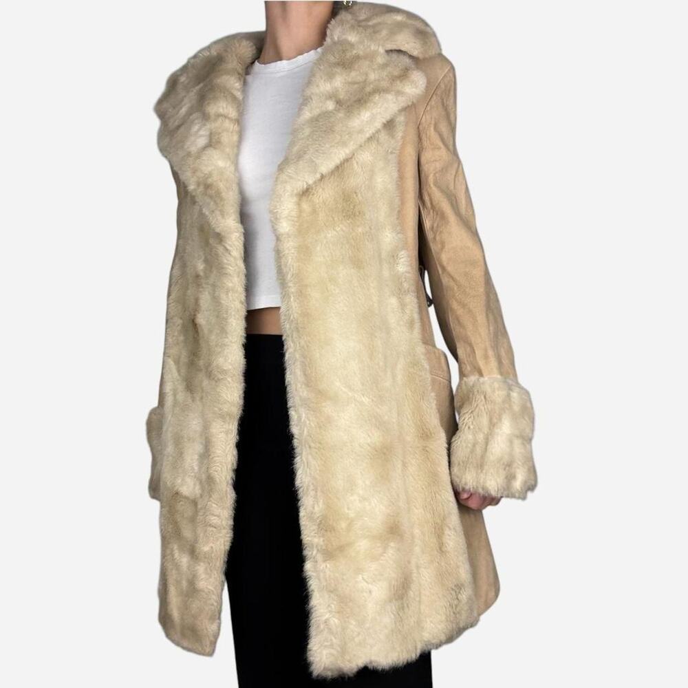 Vintage fur cream tan sherpa sueded faux fur trench coat 1960s made in englandd
